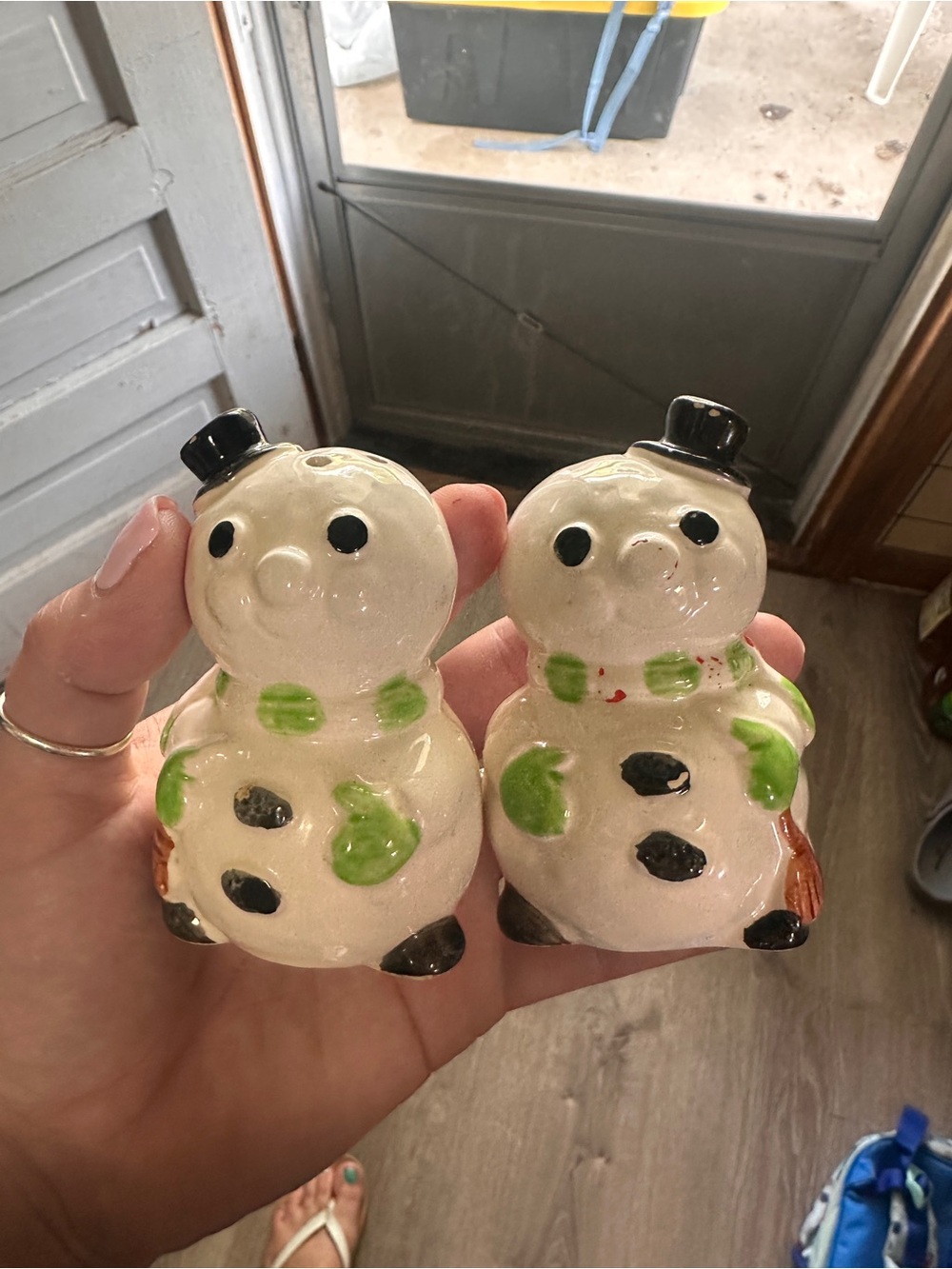 Festive White Ceramic Snowman Salt and Pepper Shakers - Green Accents